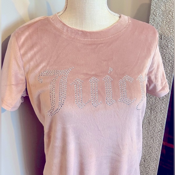 👑🩷JUICY COUTURE Pink Soft Velour Rhinestone Embellished Logo Y2K Sleep Shirt - Picture 2 of 10